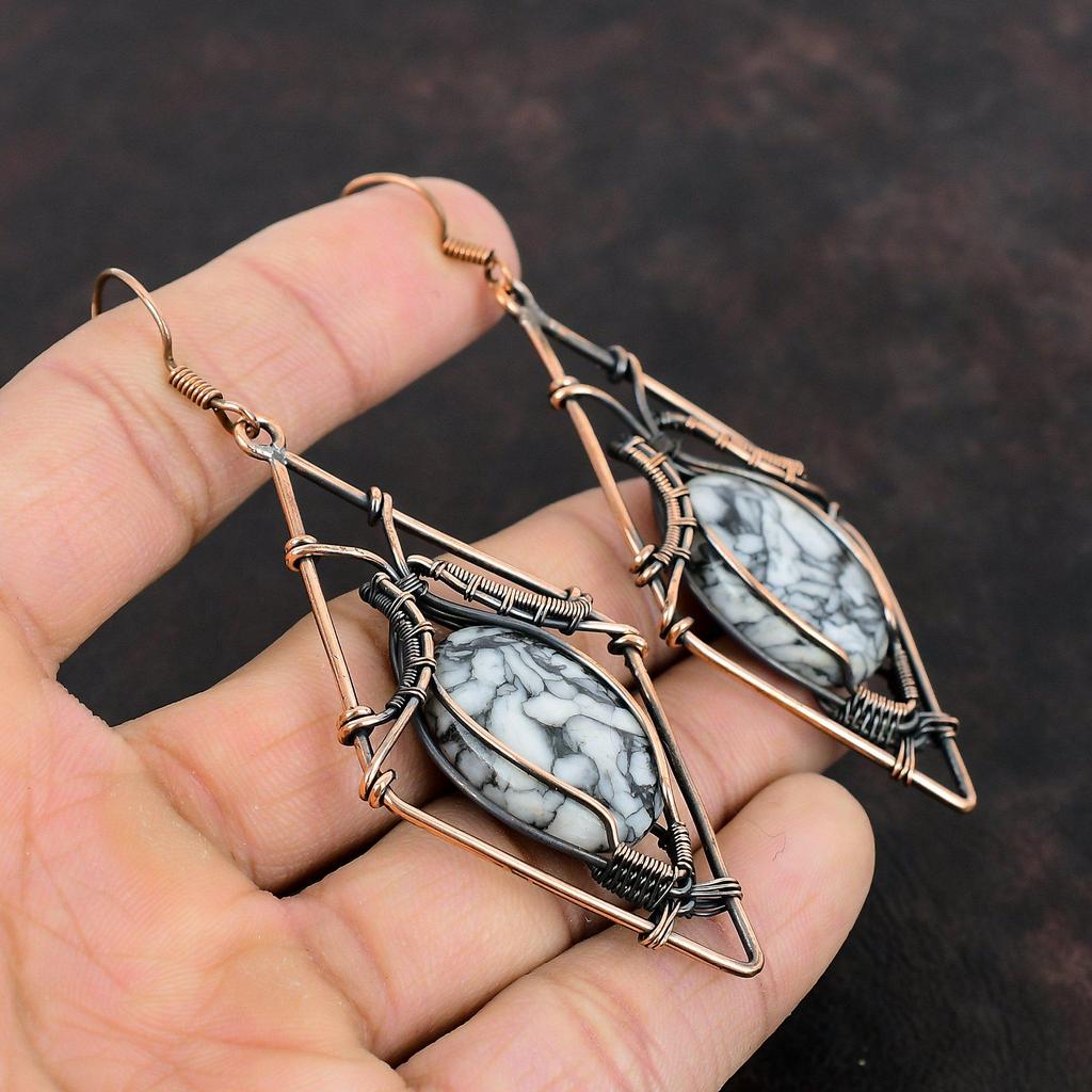 Серьги Pinolith Jasper Медная проволока Серьги в обертке Ювелирные изделия из драгоценных камней Дизайнерские серьги ручной работы Pinolith Jasper Медные украшения Подарки для мамы