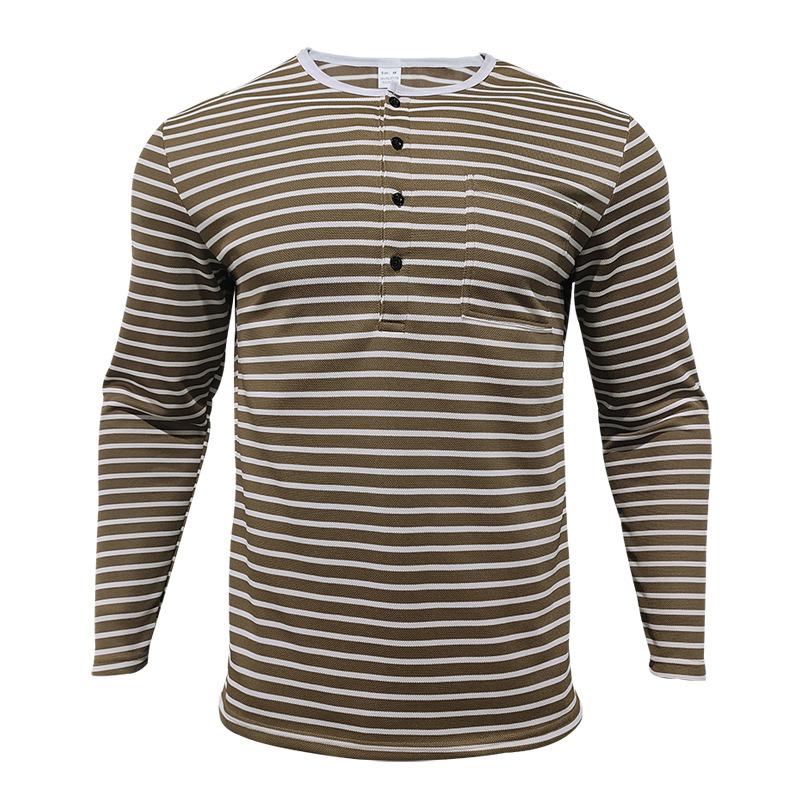 Spring Autumn Fashion Long Sleeve Men's T-shirts Button Henry Collar T Shirt For Men Vintage Striped Tees Tops
