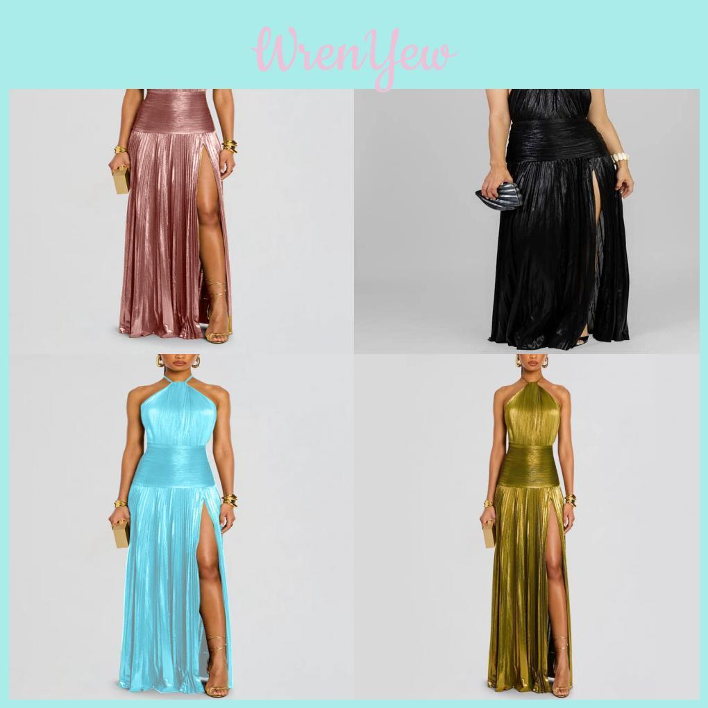 Metalic Sheen Elegant Sleeveless Backless Dress With Slit For Party And Evening Wear