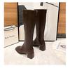 Leather Boots Women's Thick Heel Brown Square Head Tall Knight Boots But Knee Boots Elastic Long Tube 2021 Autumn and Winter