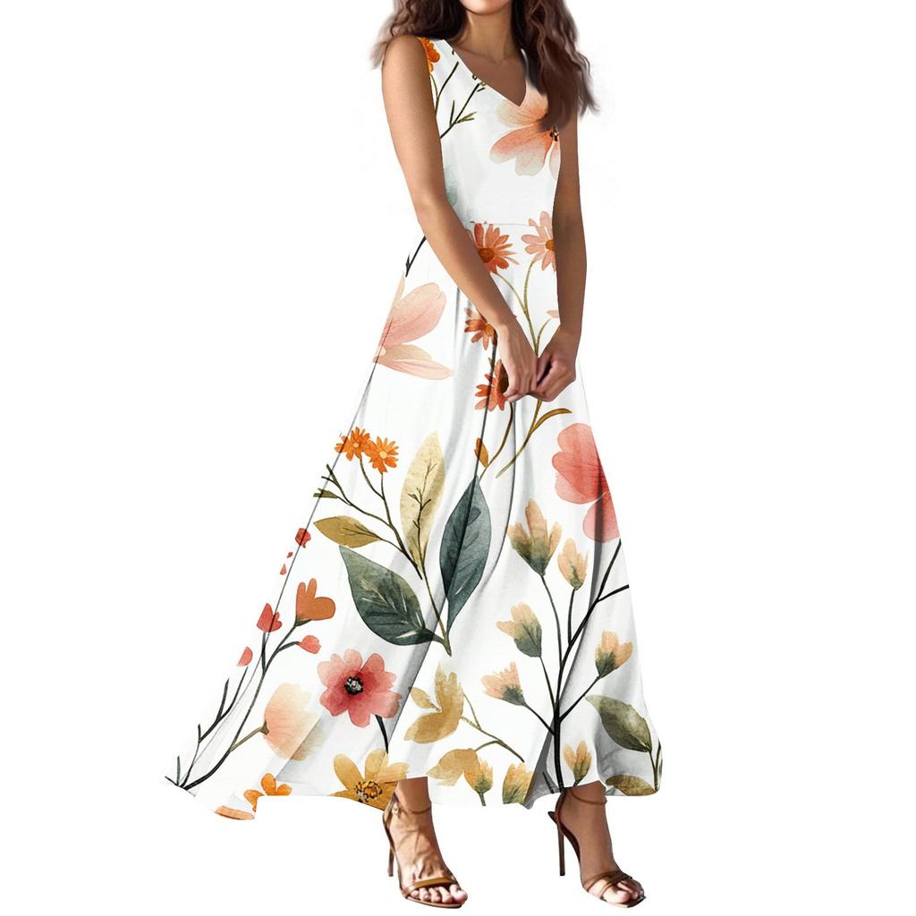 Женское летнее повседневное модное платье с принтом, платье без рукавов с V-образным вырезом