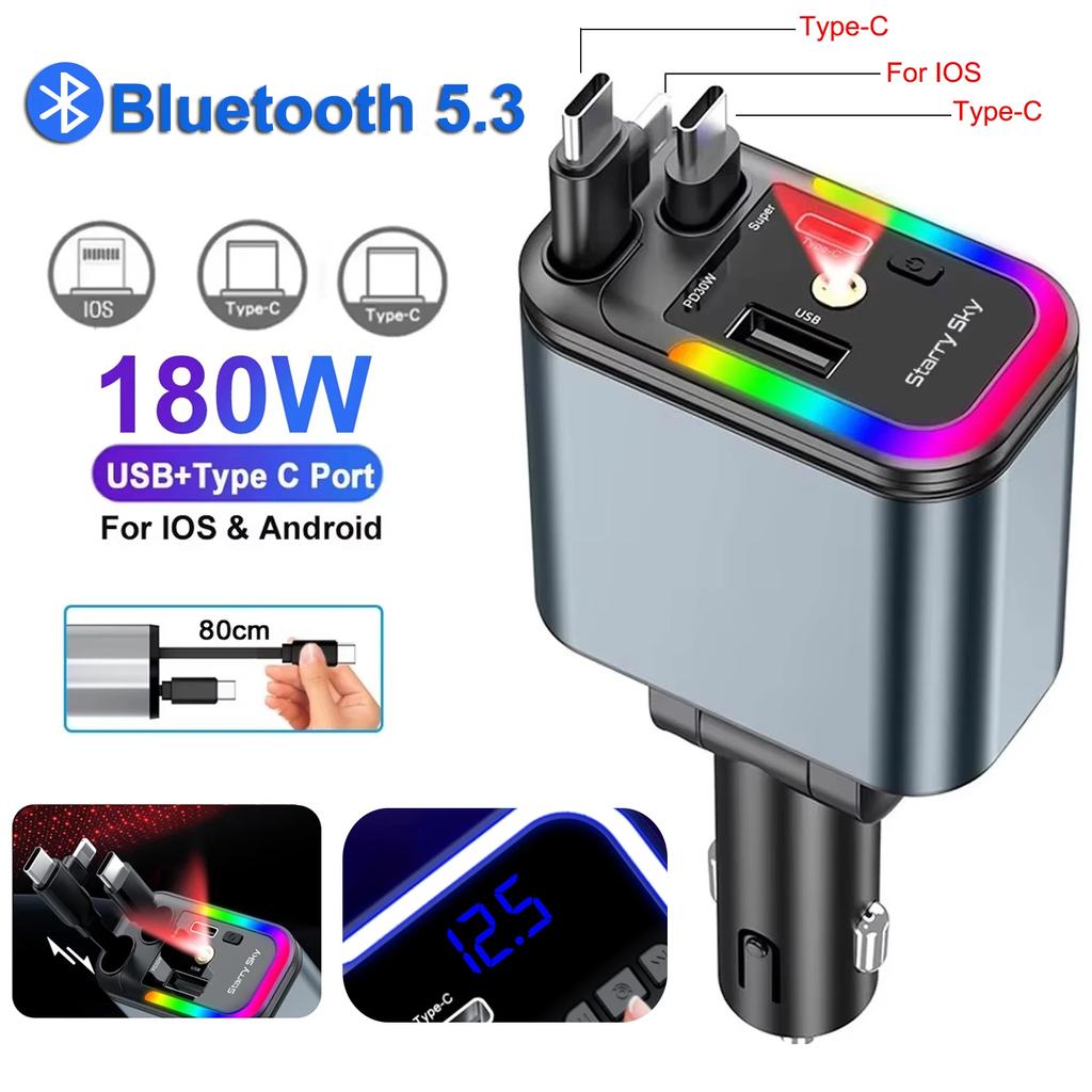 180 Вт Bluetooth 5.3 Автомобильное зарядное устройство Розетка Выдвижное Автомобильное зарядное устройство для телефона PD QC 3.0 Быстрая зарядка FM-передатчик Комплект громкой связи Музыкальный плеер