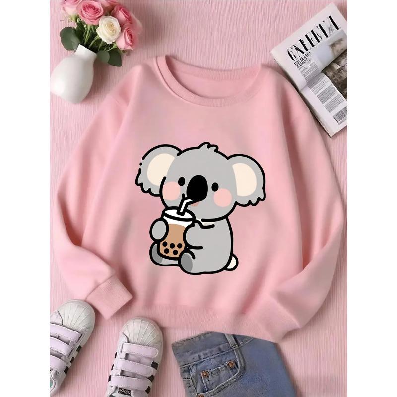 European sizes Kids' Cute Koala Drinking Bubble Tea Hoodie - Soft Round-Neck Pullover Sweatshirt, Spring/Fall Casual Wear with Bubble Tea Print