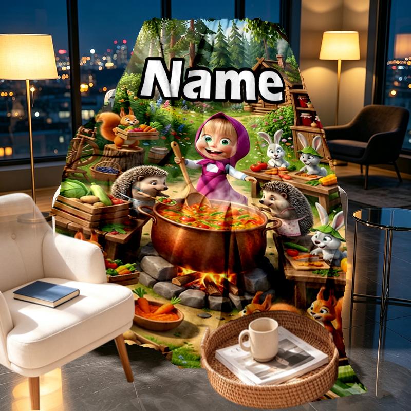 Custom Name Personalized Masha and The Bear Print Blankets, Home Decor, Bedroom, Sofa, Camping, Couch, Gifts for Birthday Christmas