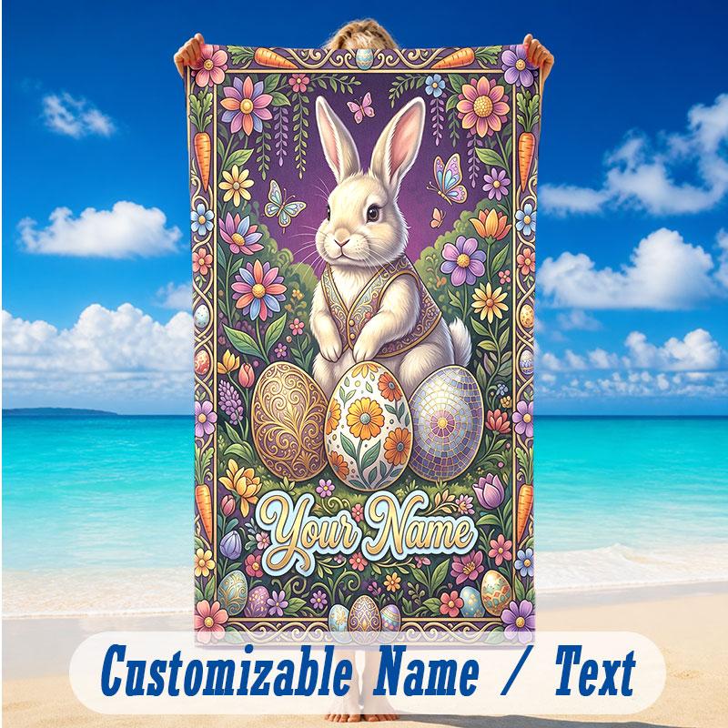Easter Bunny Theme Beach Towel Personalized Custom Name & Text Soft Quick Dry Beach Towel for Swimming Travel