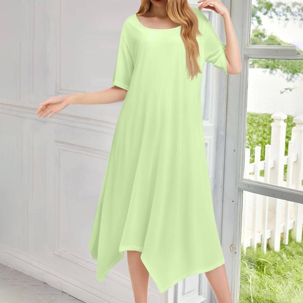 Женское повседневное модное платье миди с круглым вырезом и коротким рукавом, однотонное, с неровным подолом