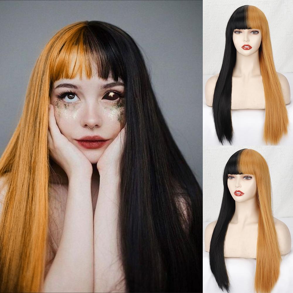 MERISIHAIR Женский модный длинный прямой полуцветный красный, белый парик для косплея с челкой, длинный прямой парик из синтетического волокна