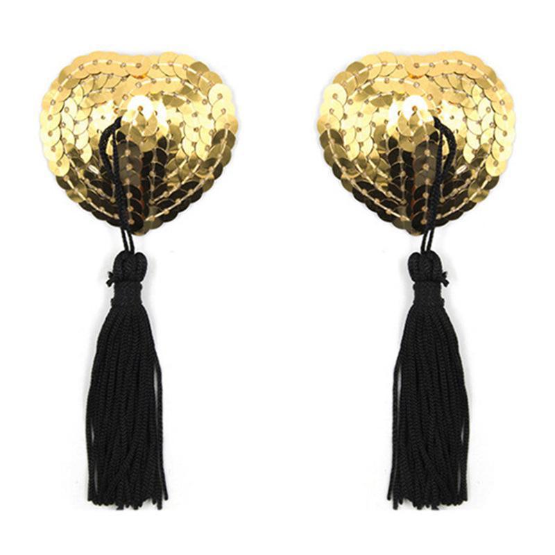 Heart-Shaped Silicone Nipple Covers with Tassels and Sequins - Sexy Lingerie Accessories