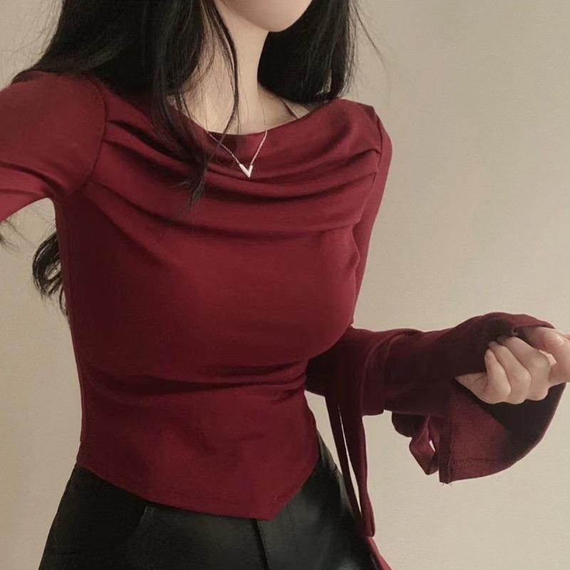 Укороченные футболки Y2K, женские шикарные топы с длинными рукавами, женская винтажная модная футболка с открытыми плечами, женская весенняя повседневная футболка на шнуровке