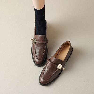 Ретро-туфли-лоферы на толстом каблуке с золотой пряжкой, женские кожаные туфли в британском стиле