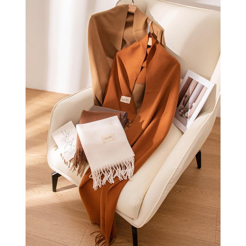 New Solid Color Maillard Imitation Cashmere Scarf for Women In Autumn and Winter High End Korean Style All Match Scarf Warm Shawl