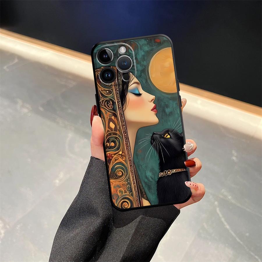 Черный Мягкий Чехол для Телефона для iPhone 17Air XS Max XR 7 8 15 16 14 Plus 13 12 11 17 Pro Max Мультяшный Кот