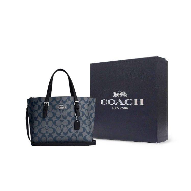 Coach Mollie Classic Monogram Сумка-тоут на молнии из покрытого холста и кожи Женская сумка-тоут Серебристый Темно-синий C4250-SVN2V