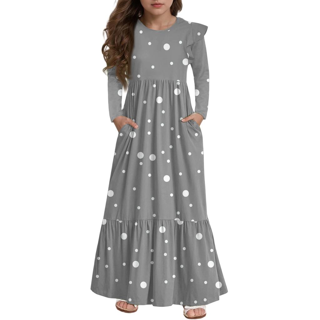 Girls' Tiered Ruffle Dress - Long Sleeve Printed Maxi With Pockets