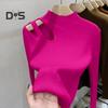 Women Fall Winter Top Thick Knitted Half High Collar Long Sleeve Slim Fit Solid Color Hollow Out Elastic Pullover Soft Warm One Size Lady Sweater