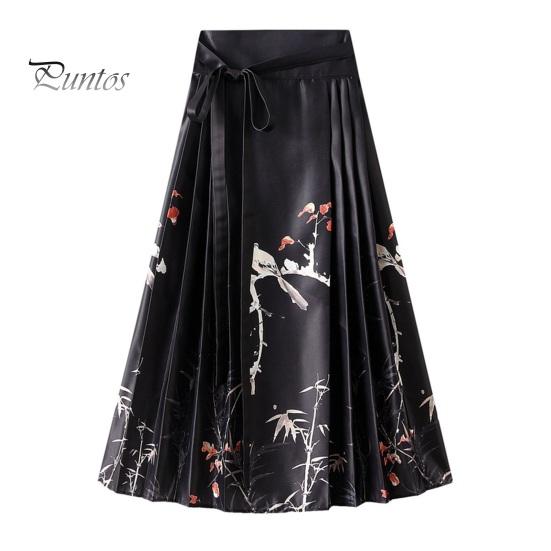 Chinese Style Women Maxi Skirt High Waist Vintage Skirt Elegant Flower Bird Print Hanfu Skirt Pleated Lace-up Horse Face Skirt