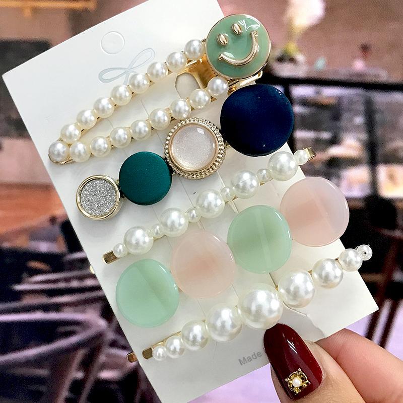 5Pcs/Set Fashion Smiley Pearl Hair Clip For Women Girl Geometric Acetate Barrettes Hairpin Headwear Hair Accessories  Trendy