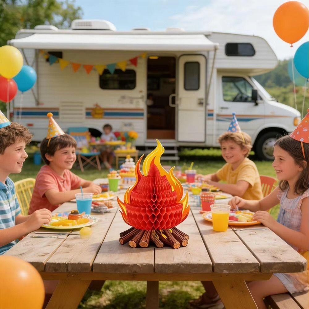 4Pcs Foldable Fake Fire Ornament 3D Honeycomb Honeycomb Campfire Decoration Camping Theme
