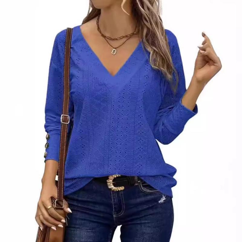 Женская футболка с V-образным вырезом, открытыми плечами, длинными рукавами и пуговицами