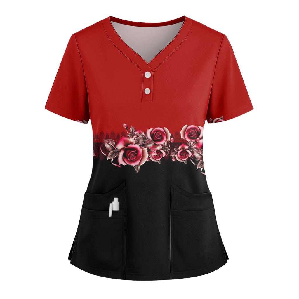 Женская свободная футболка с коротким рукавом, модным принтом цветов и растений, V-образным вырезом, застегивающаяся на пуговицы, с боковым разрезом