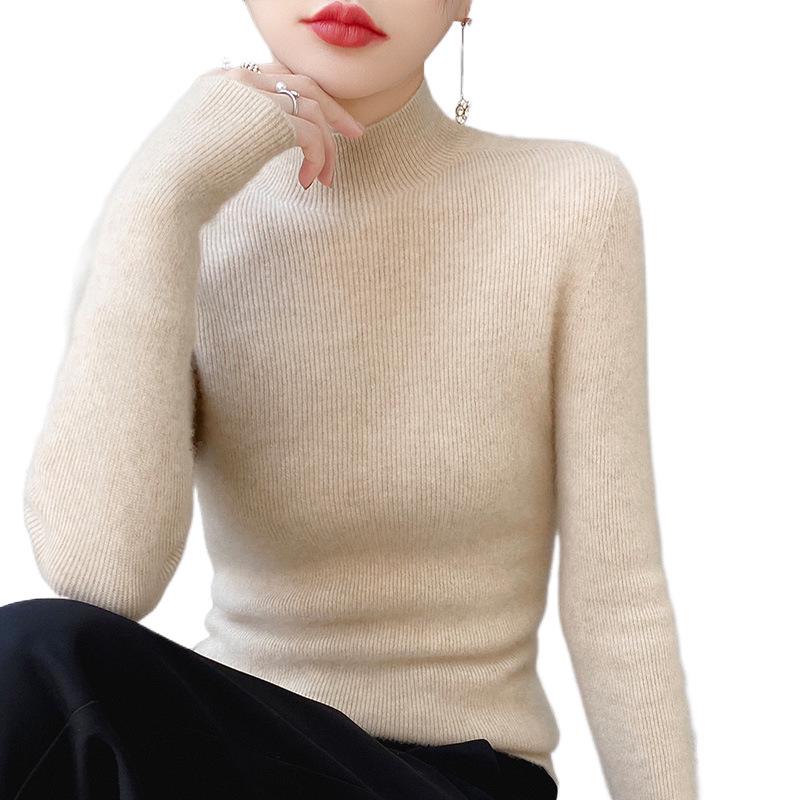 Women's Seamless Pure Wool Base Layer Sweater, Slim-Fit Half-High Neck, Versatile and Trendy.