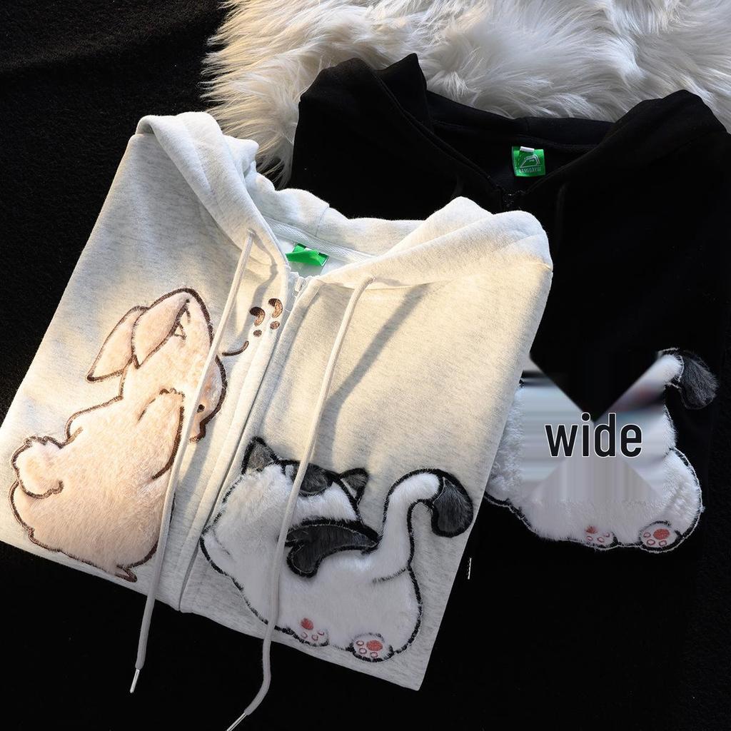 Американская винтажная мультяшная вышитая толстовка с капюшоном и короткими рукавами - Свободный крой для весны и осени