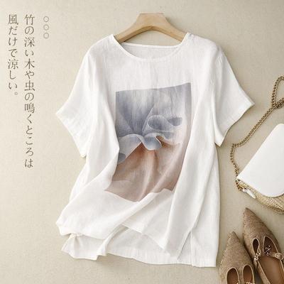Ретро Хлопок Лен Принт Женские Футболки Летние Свободные Круглый Вырез Короткий Рукав Повседневные Топы