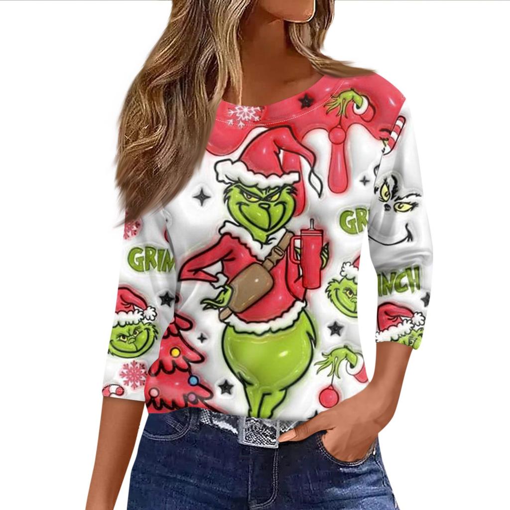 Women's Fashionable Casual Three Quarter Sleeve Christmas Printed Round Neck Top