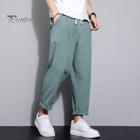 Мужские девятые брюки с тонкими боковыми карманами на шнурке и эластичной резинкой на талии в японском стиле с широкими штанинами, сплошной цвет в стиле ретро, ​​спортивные штаны для тренировок в тренажерном зале, длинные брюки