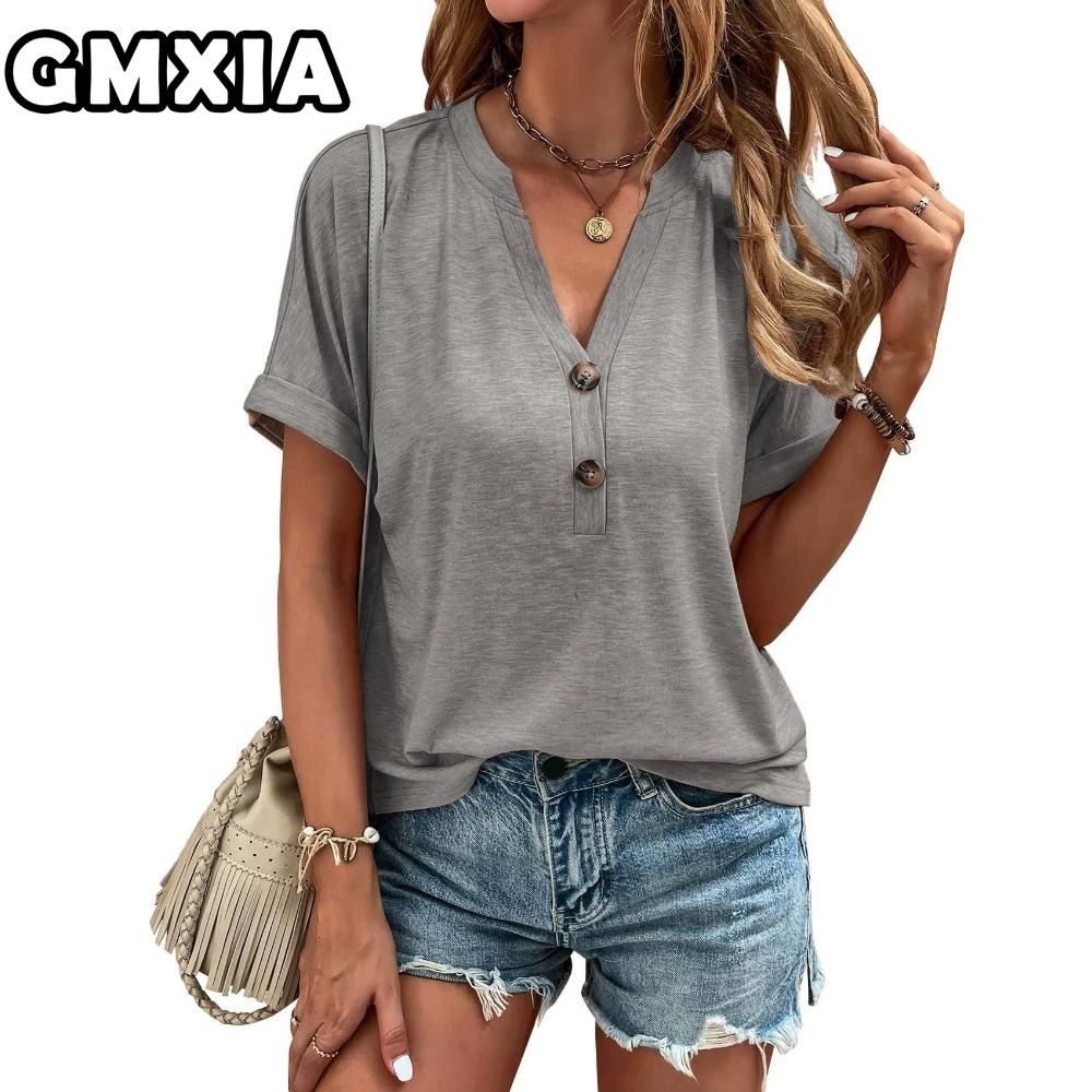 GMXIA Women's Fashion Casual Leisure Solid Color Print Short Sleeve V Neck Blouses & Shirts