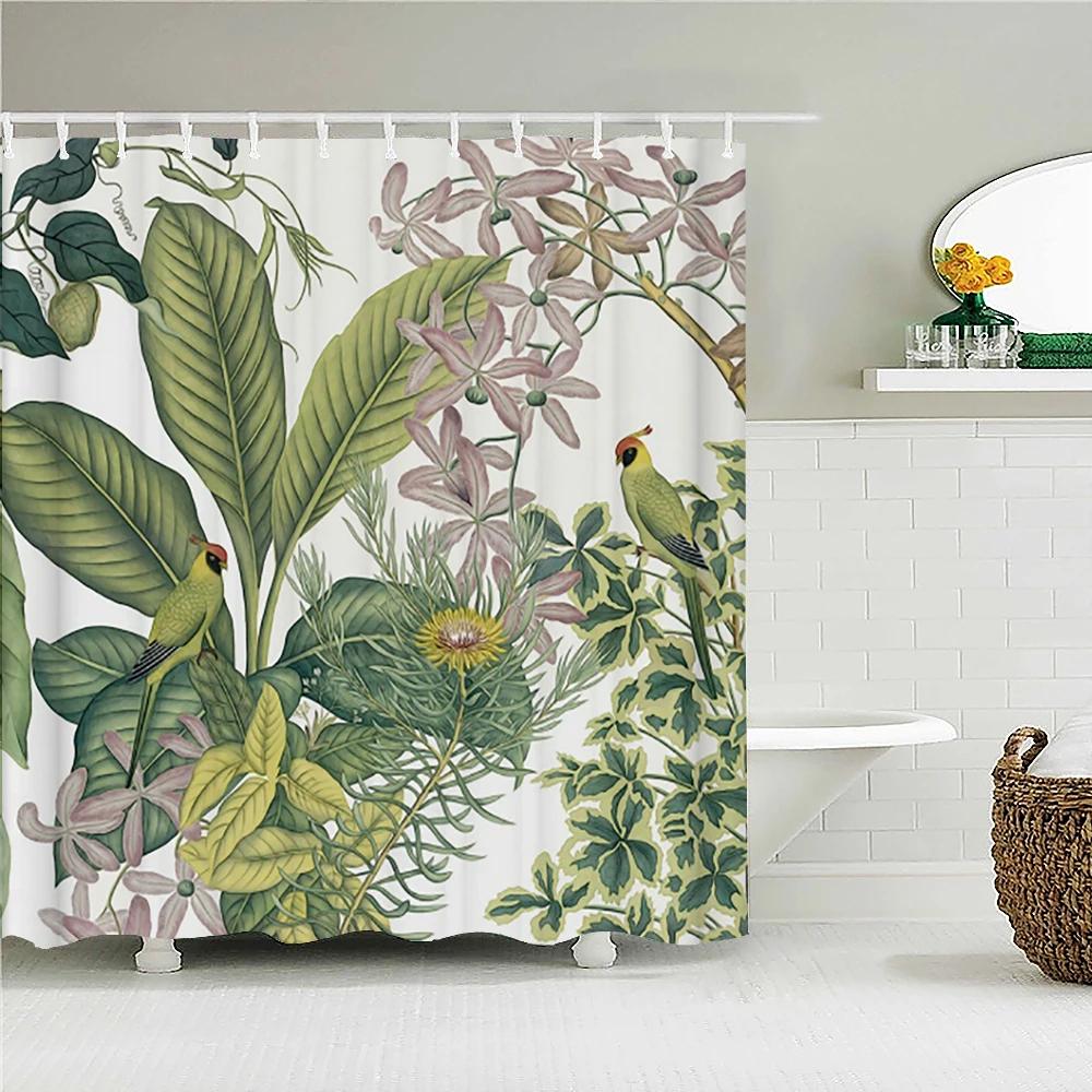 Tropical Plant Leaves Bath Curtain Waterproof Fabric Shower Curtains Colorful Palm Leaf Print Bathtub Screen for Bathroom Decor