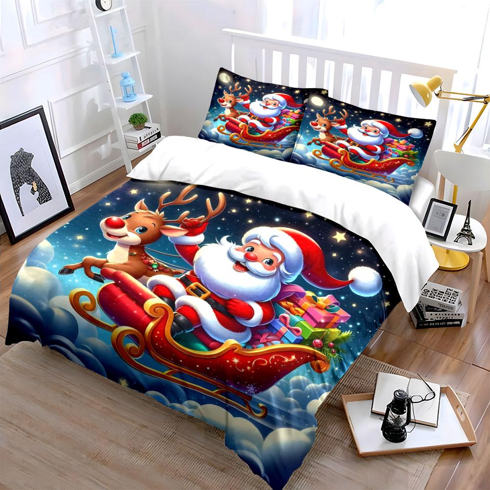 Santa Claus Sleigh with Reindeer Bedding Duvet Cover Set Duvet Cover Pillowcases (1*Duvet Cover 2*Pillowcases, without duvet insert)