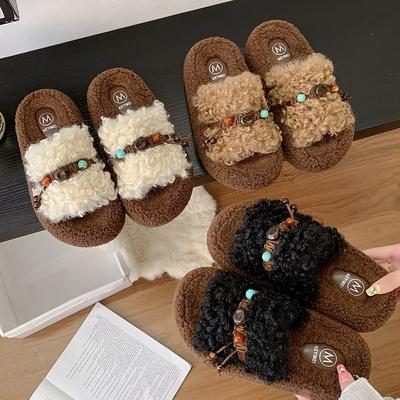 [Дядя Обувь] Овечьи Ленивые Осенние Пушистые Тапочки Женские Домашние Хлопковые Тапочки Толстая Подошва Кудрявые Волосы Ретро Новинка