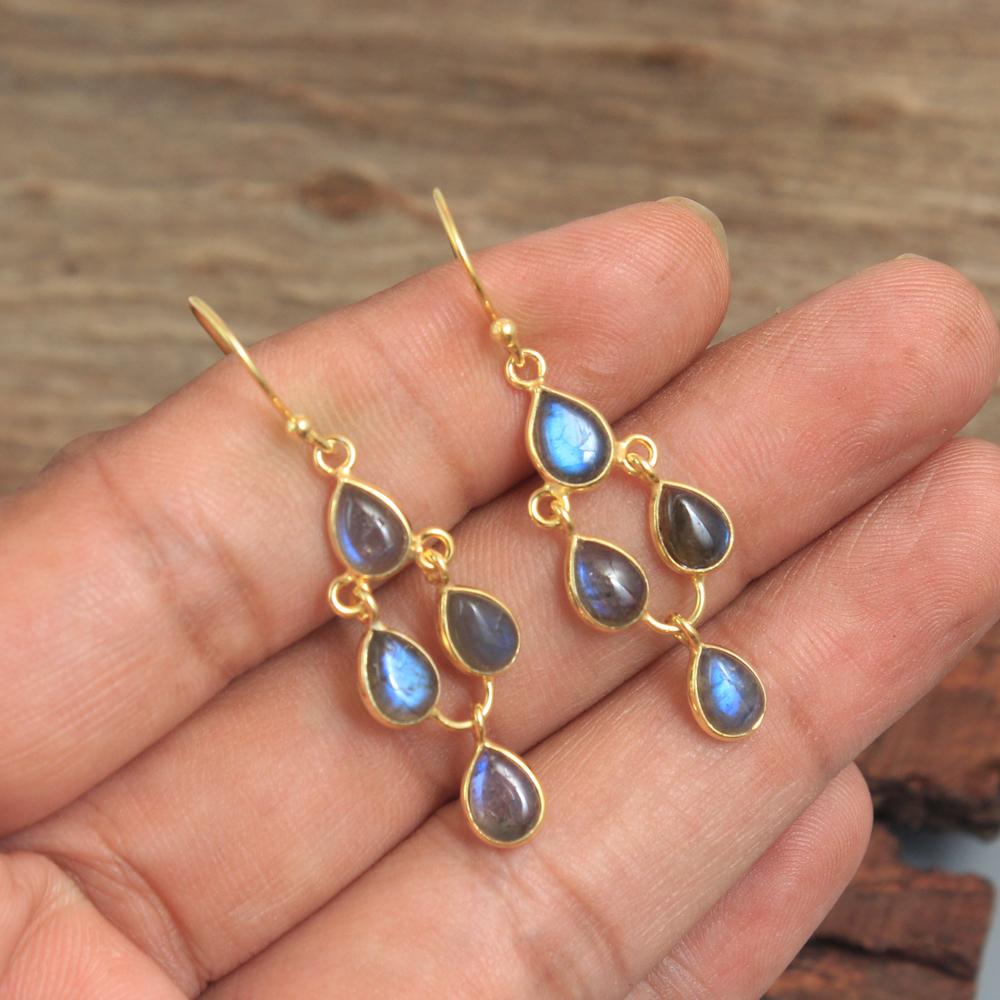 Лунный камень Лабрадор Сердолик Драгоценный камень 100% стерлингового серебра 925 пробы с покрытием из желтого золота Серьги с подвесками