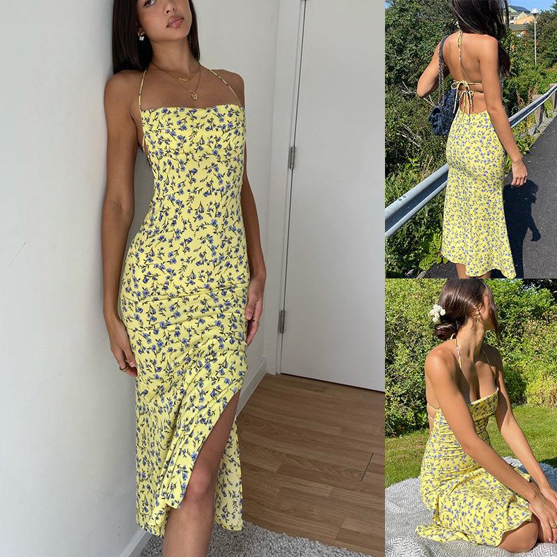 Женское весеннее платье-комбинезон без рукавов с цветочным принтом и без бретелек, летнее повседневное облегающее платье-карандаш длиной до щиколотки с открытой спиной и высокой талией, с разрезом и вырезом-халтер, размеры S-XL