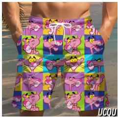 Men's Summer Shorts, Pink Leopard Grid Swimsuit, Hawaiian Beach Shorts, Men's Clothing