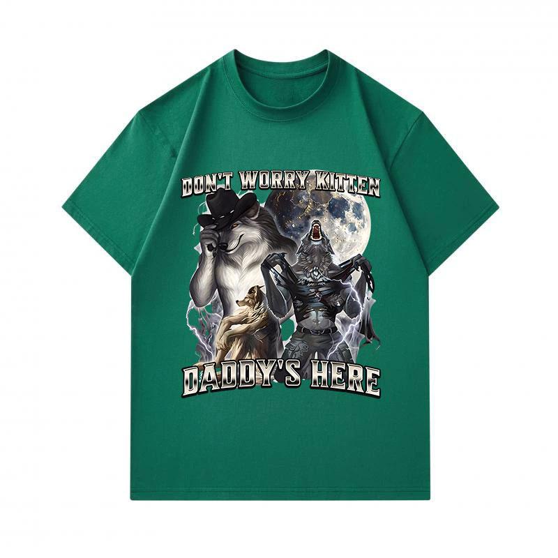 Men's 100% Cotton Crew Neck Short Sleeve T-Shirt, Funny Alpha Wolf Don't Worry Kitten Daddy's Here Graphic Casual Tees, Unique Novelty Werewolf Print