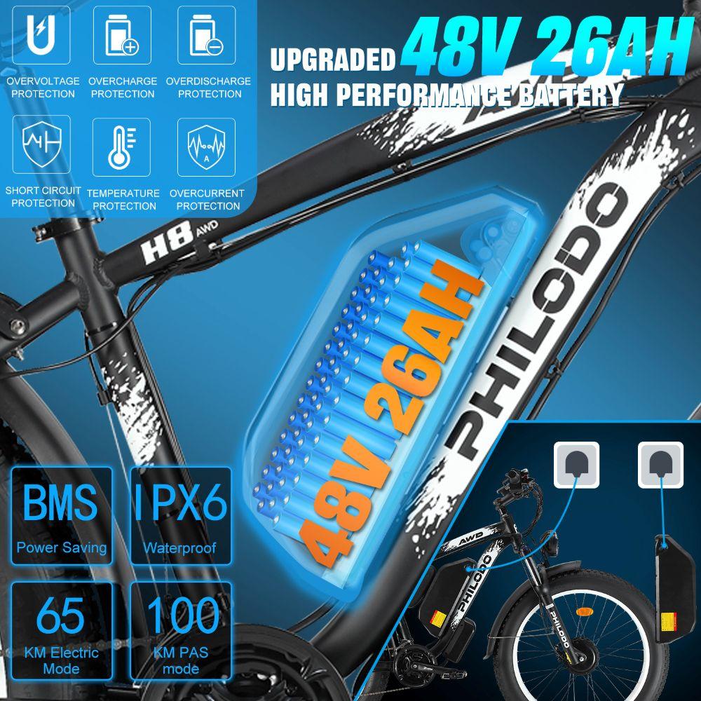Electric bicycle PHILODO H8, 3000W motor, 48V 26Ah battery, top speed 56 km/h, cruising range 100km, 26x4.0 inch tires