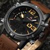 Naviforce Мужские повседневные коричневые кожаные спортивные часы, модные цифровые кварцевые наручные часы с двойным дисплеем
