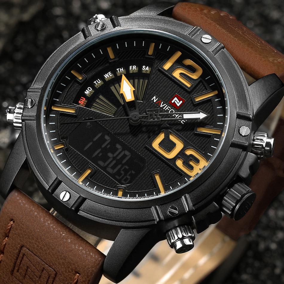 Naviforce Мужские повседневные коричневые кожаные спортивные часы, модные цифровые кварцевые наручные часы с двойным дисплеем