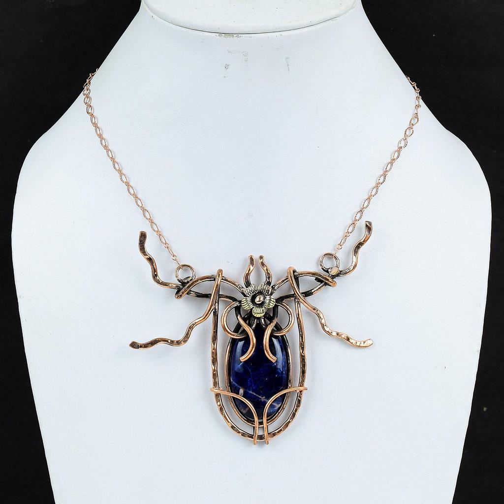 Ожерелье из содалита, ожерелье из медной проволоки, регулируемое цепочное ожерелье, ювелирные изделия из натуральных драгоценных камней, ожерелье ручной работы, медные украшения для подарков