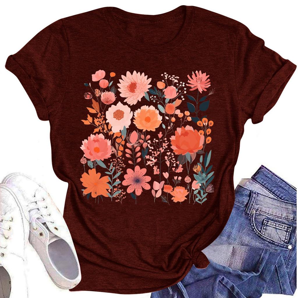 Женская повседневная футболка с круглым вырезом и цветочным принтом, короткий рукав