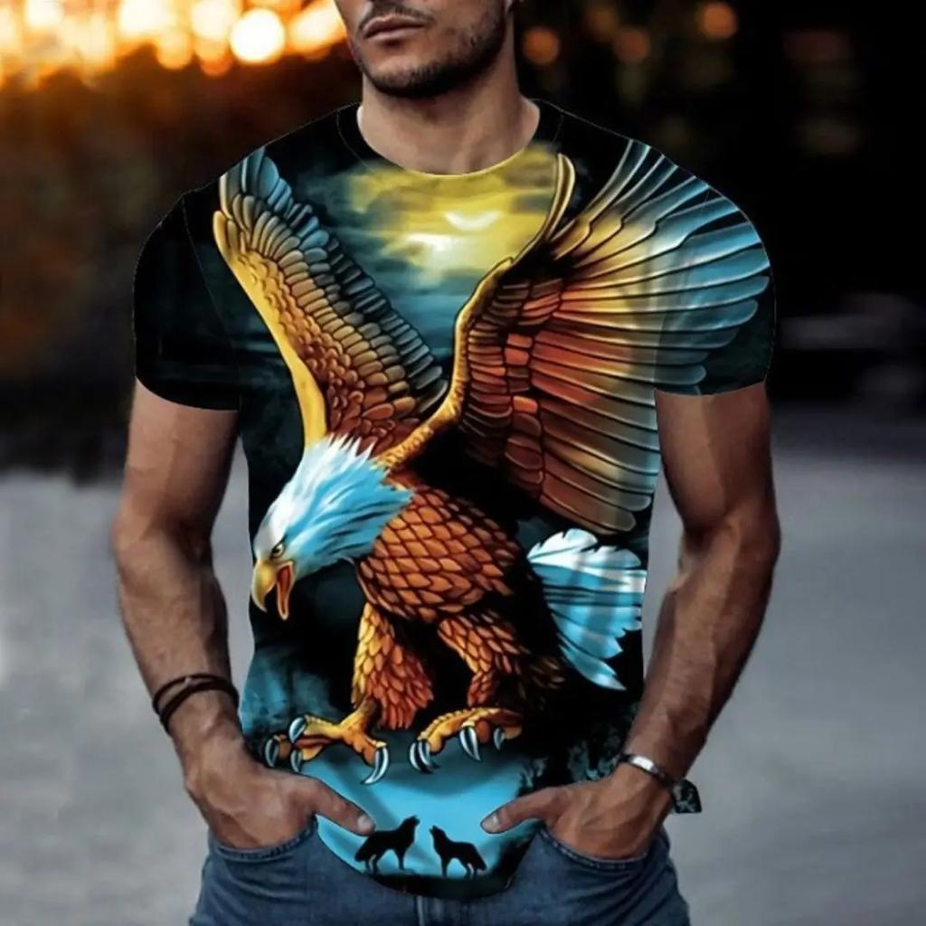 Summer Fashion Vintage T-shirt for Men 3D Eagle Print Short Sleeve Top Fashion Animal T-shirt Loose Oversized T-shirt