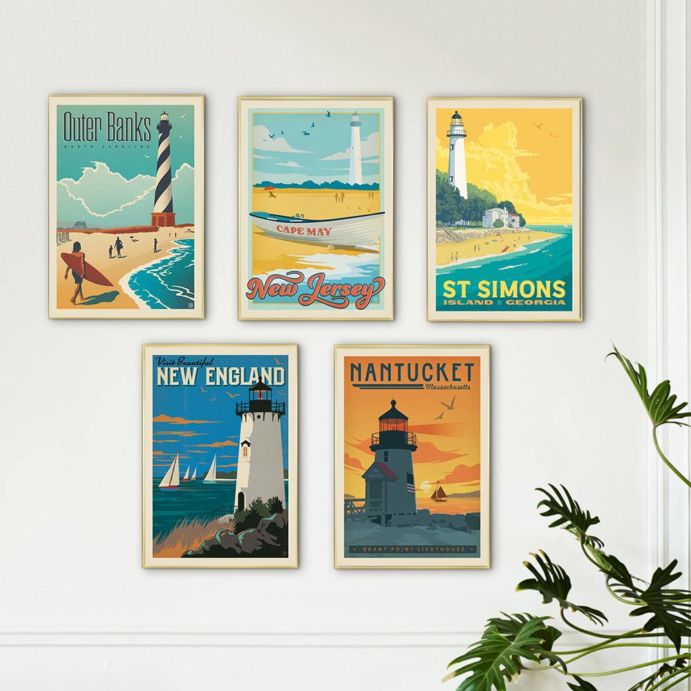 Маяк Морская волна Пейзаж Холст Плакаты Настенная живопись Печать Англия Внешние отмели Остров Сент-Саймонс Живопись Картины Домашний декор Без рамки