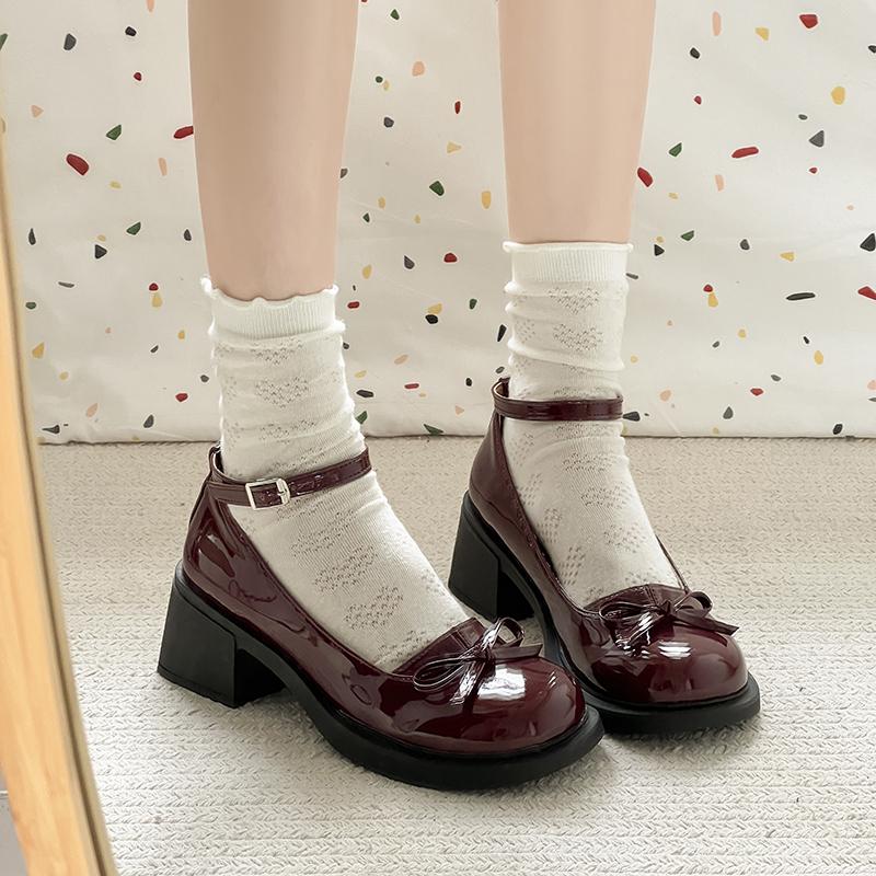 Red Mary Jane Women Pumps Thick High Heels Shoes Female Lolita Square Toe Shoes Spring Fashion Party Woman Shoe