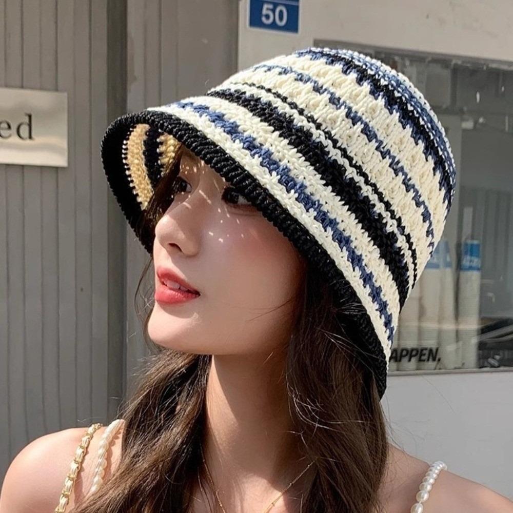 Stripe Knitted Bucket Hat Temperament Sun Protection Cap Fashion Fisherman Hat Women