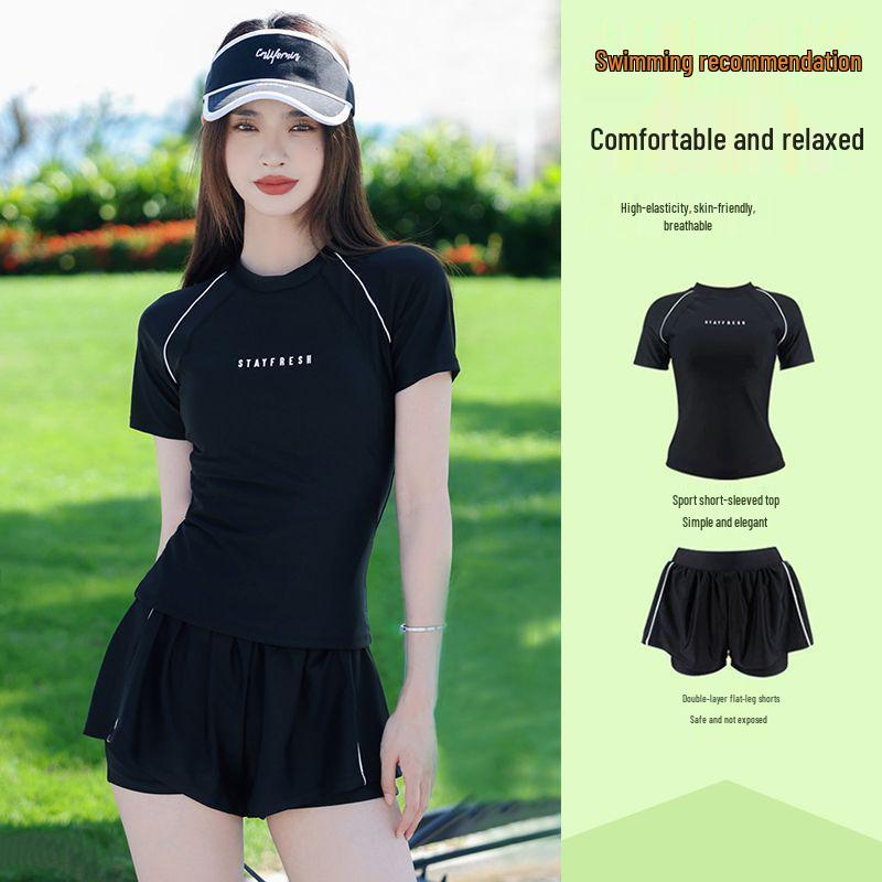 Женский консервативный купальник-двойка большого размера с коротким рукавом