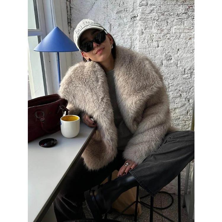 Women Fashion Cropped Faux Fur Jacket Coat Long Sleeve Front Snap-button Female Outerwear Chic Lapel Collar Thick Coat