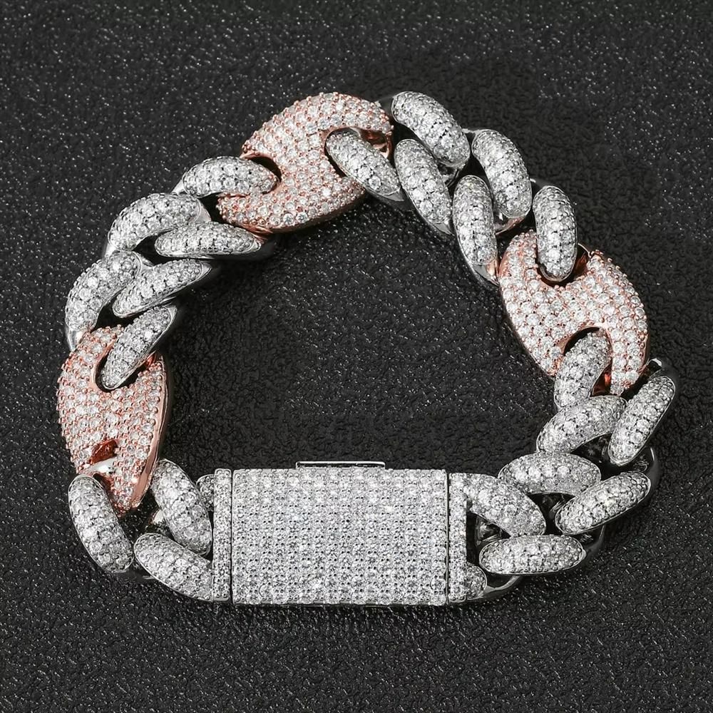 Hip Hop Jewelry 20mm Chunky Bling CZ Iced Out Pig Nose Cuban Link Chain Two Tone Bracelet for Men
