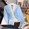 VONDA Women Autumn Winter V-Neck Long Sleeve Patchwork Knittes Cardigans Swerters